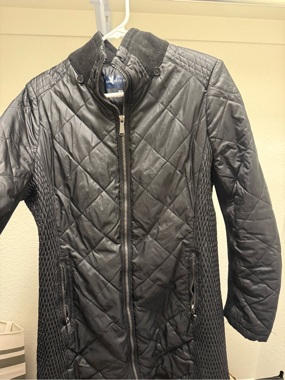Saks Fifth Avenue Black Quilted Long Puffer Coat with Knit Side Panels